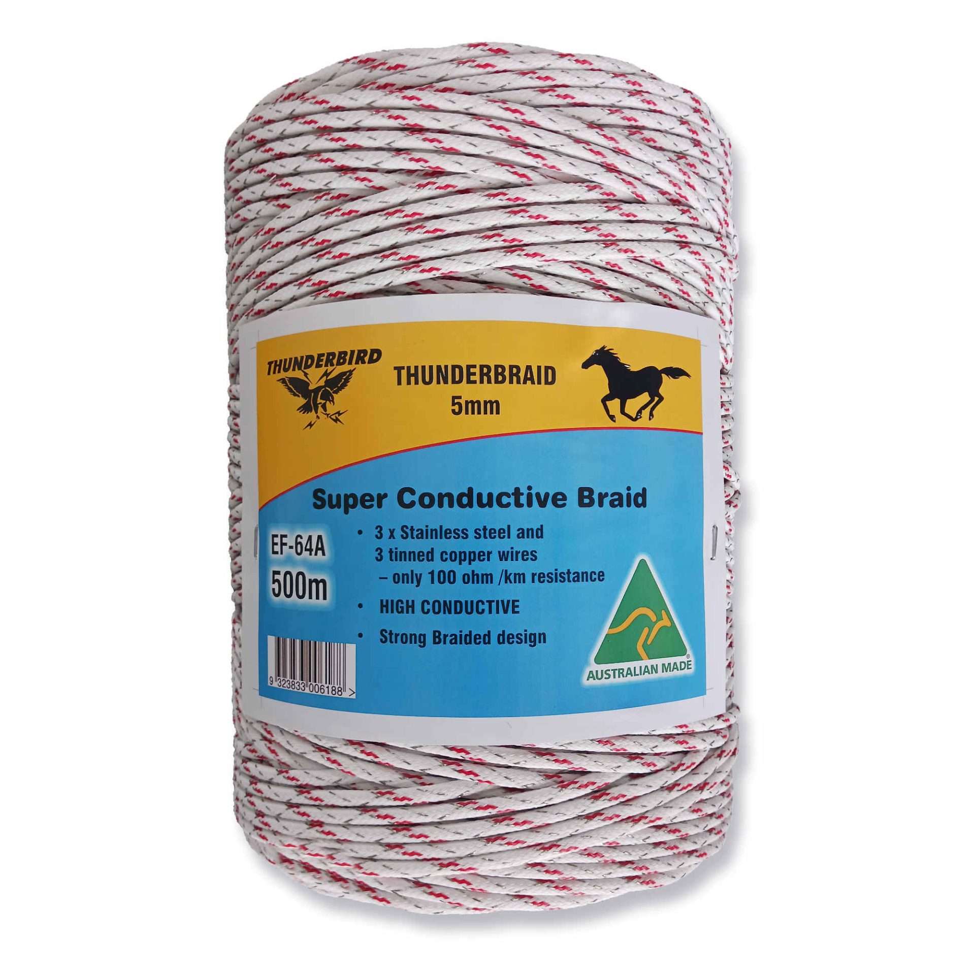 Thunderbird Thunderbraid 5Mm Poly Braid - High Conductivity Electric Fence Wire (500M Roll) 1 Front View of Thunderbird Thunderbraid 5mm Super Conductive Poly Braid Roll - EF-64A | Big Red Fencing