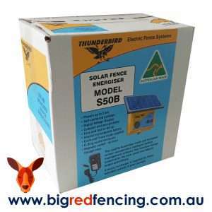 Thunderbird 5km Solar Electric Fence Energiser - S-50B securely boxed, showcasing its robust design with a vacuum-sealed transformer, encapsulated electronics, and a quality crystalline solar panel. Ready for reliable and eco-friendly fencing solutions in small to medium applications. Model: S-50B.